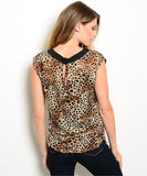 Brown Animal Leopard Print Blouse with Back Keyhole