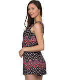 Black and Coral Chevron Print V-Neck Romper- Left Side View