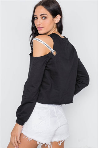 Black Graphic Cold Shoulder Knit Top- Back View